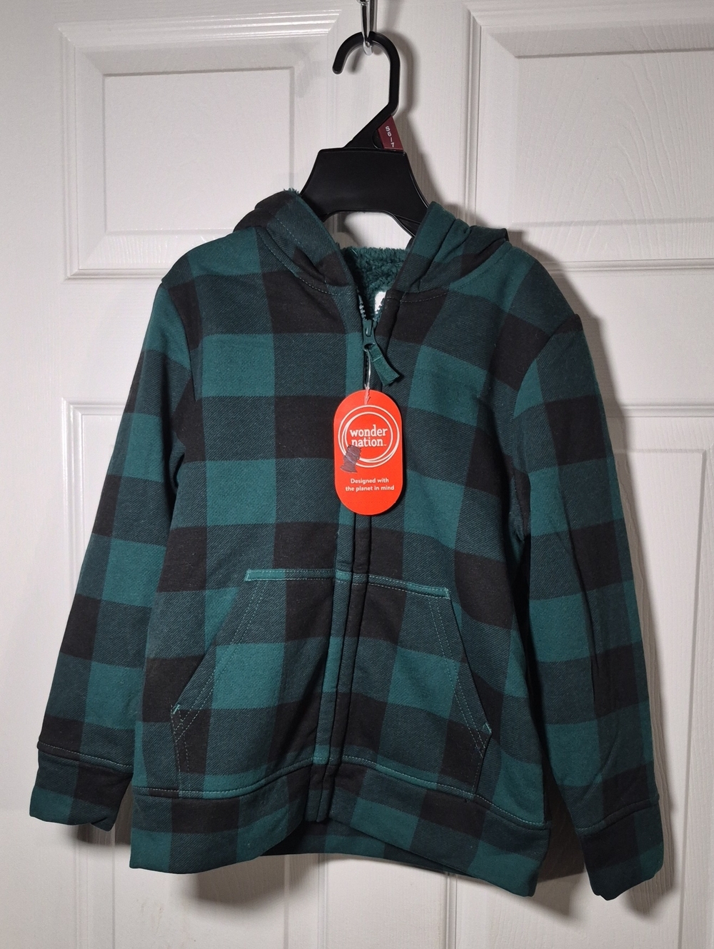 wonder nation Teal & Black Plaid Sherpa-Lined Hoodie